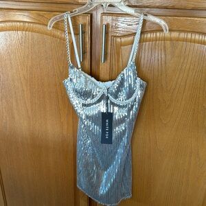 White Fox Brand New Silver Sequins Dress w/ Diamond detail around boobs & straps
